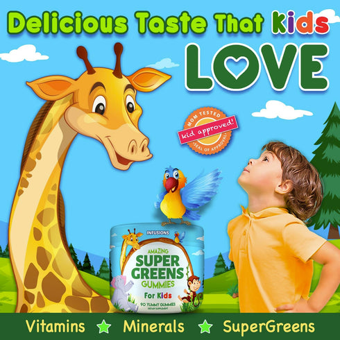 Infusions Super Green Gummies for Kids, 90 Count - Vegan Friendly, Gluten Free, 8 Powerful Superfood Blends