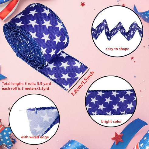 3 Rolls Patriotic Wired Edge Ribbon, 9.9 Yards, Red, White, Blue for 4th of July Crafts, Decoration, 1.5 Inch Width