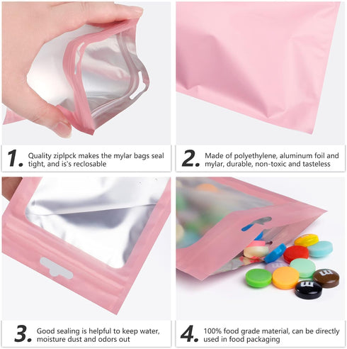 100 Resealable Mylar Bags with Clear Window, Smell Proof Foil Pouch Zip Bags for Food Storage, Pink, 3.14x5.11