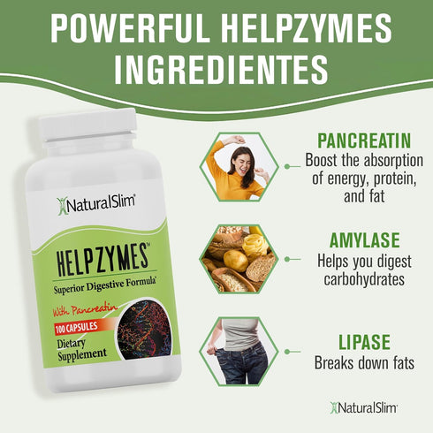 NaturalSlim Digestive Enzymes for Women & Men - Helpzymes Essential Enzymes for Digestion, 100 Capsules