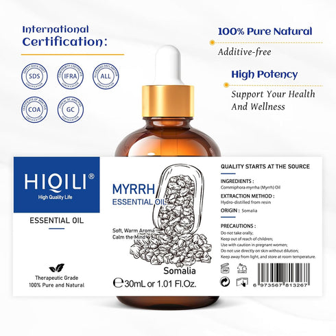 HIQILI Myrrh Essential Oil, 100% Pure & Natural for Skin, Massage, Pain Relief - 1.01 Fl Oz