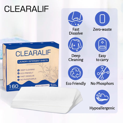 Laundry Detergent Sheets, Fresh Linen, Up to 320 Loads, Eco-Friendly & Hypoallergenic, CLEARALIF (80 Sheets, Pack of 2)