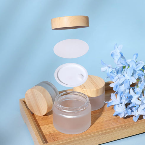 50 Gram/ml Glass Cosmetic Containers with Lids, Round Frosted Jars, Small Empty Glass Sample Jars (4 PACK 50ML)