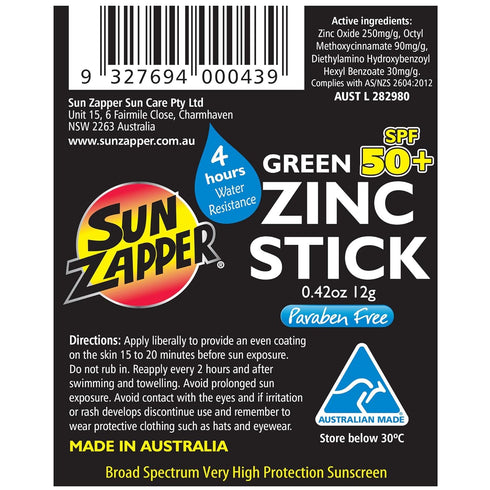 Zinc Oxide Sunscreen Stick, Green SPF 50+, Water Resistant for Face & Body, 0.42 Oz by Sun Zapper