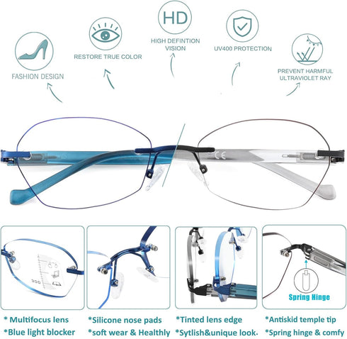 Rimless Multifocus Reading Glasses Women Progressive Multifocal No Line Bifocal Reader Blue Light Computer Eyeglasses