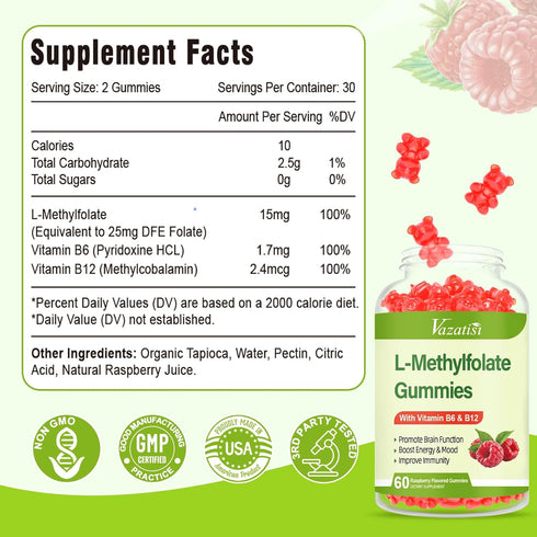 Sugar Free L-Methylfolate 15mg Gummies with Methyl B12, Folate Supplement for Mood, Brain Health, Immune Support - Raspberry Flavor, 60 Count