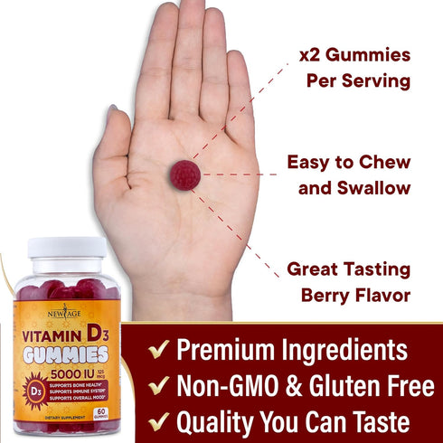 NEW AGE Vitamin D3 5000 IU 125mcg Gummies - Strong Bone Health, Immune Support - Non-GMO, Gluten-Free, Dairy-Free, 60