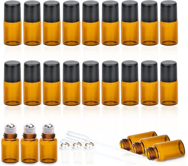 ZEJIA 2ML Essential Oil Roller Bottles, 24 Pack Amber Mini Glass Roll on Bottles with Stainless Steel Roller Balls