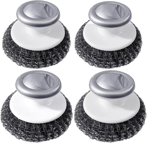 Heavy Duty Stainless Steel Wool Scrubber with Handle, Steel Brush for Cleaning Pots, Pans, Grills, Sink (4 Pack)