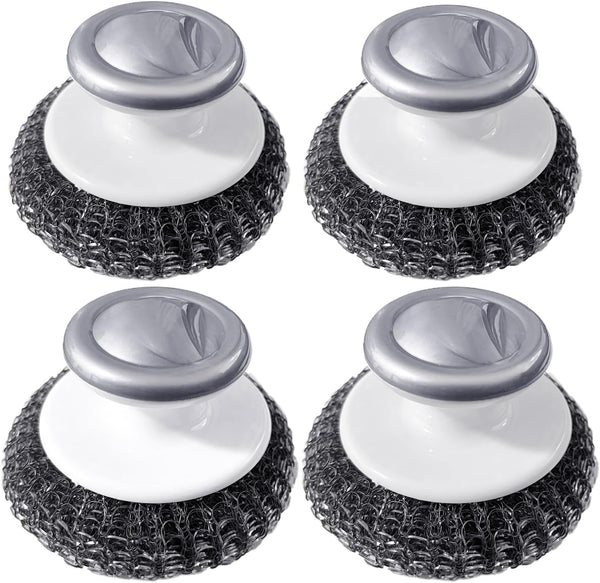 Heavy Duty Stainless Steel Wool Scrubber with Handle, Steel Brush for Cleaning Pots, Pans, Grills, Sink (4 Pack)