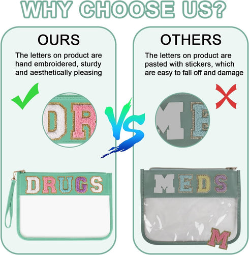Iqimott Chenille Letter Patch Bag, Clear MEDS Drugs Pouch, Waterproof Nylon Zipper Toiletry Storage Case - Green