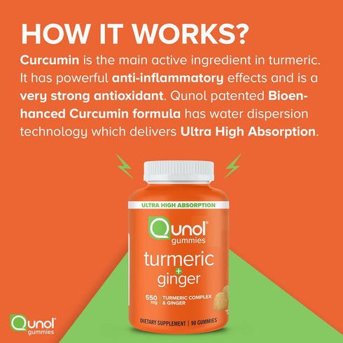 Qunol Turmeric and Ginger Gummies, 90 Count - Vegan, Gluten Free Joint Support Supplement with Ultra High Absorption