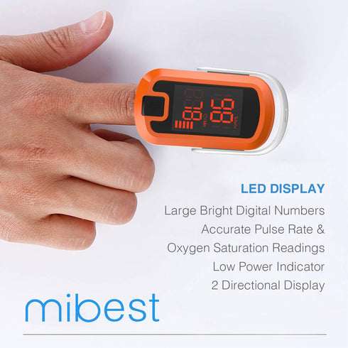 MIBEST Orange LED Finger Pulse Oximeter, Blood Oxygen Saturation Monitor, Portable Oxygen Sensor with Batteries and