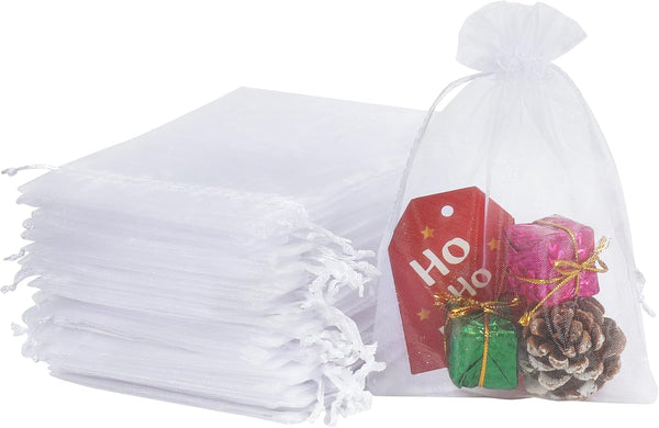 HRX Package 100pcs White Organza Bags, 4x6 inch Drawstring Gift Bags for Jewelry Pouches and Wedding Favors