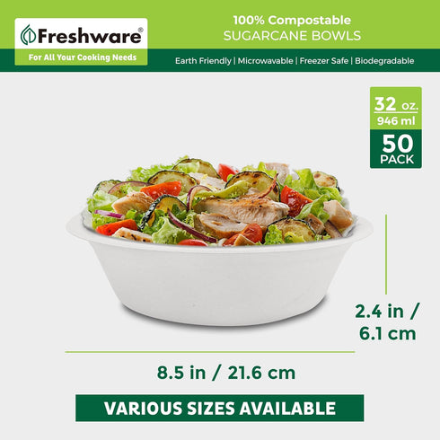 Freshware Paper Bowls, Disposable 32 oz Soup Bowl, 50-Pack Biodegradable Sugarcane Fiber Serving Bowls