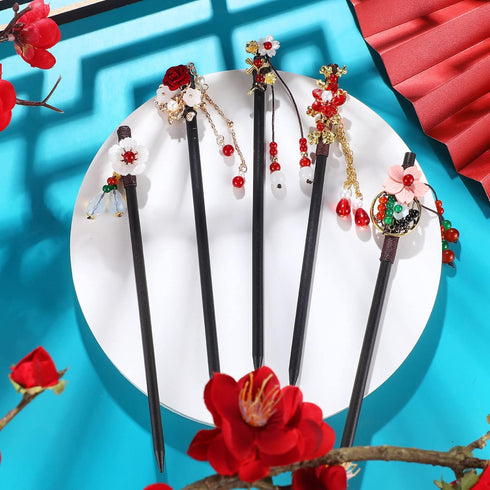 WILLBOND 6 Pcs Chinese Hair Chopsticks for Women, Wooden Hair Accessories with Retro Floral Design, Handmade Hair Pins