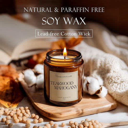 Putart 9oz Mahogany & Teakwood Highly Scented Candles for Home, Natural Soy Aromatherapy Organic Candle with Essential