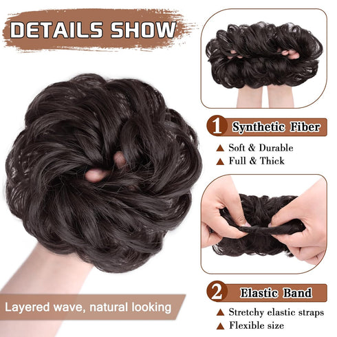 MORICA Messy Hair Bun Scrunchies Extension, Curly Wavy Synthetic Chignon Hairpieces for Women (4# Darkest Brown)