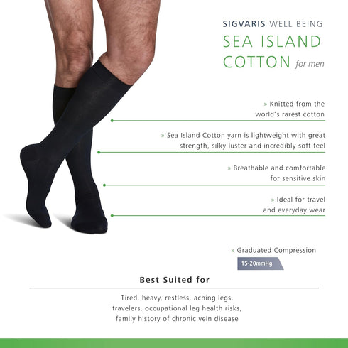 Sigvaris Men's Sea Island Cotton 191 Calf High Compression Socks, 15-20mmHg, Black, Size B (Medium)