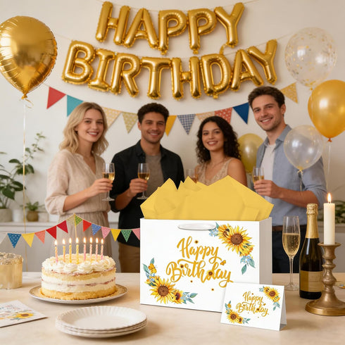 Nefrayd Sunflower Birthday Gift Bag Large with Card & Tissue Paper, Happy Birthday Gift for Women, Girls, Mothers Day