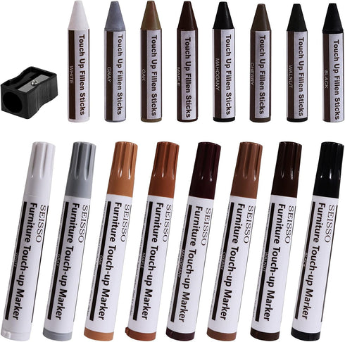 SEISSO Touch Up Furniture Markers - 17 Piece Kit, Scratch Repair Markers, Wax Sticks, Sharpener for Wood