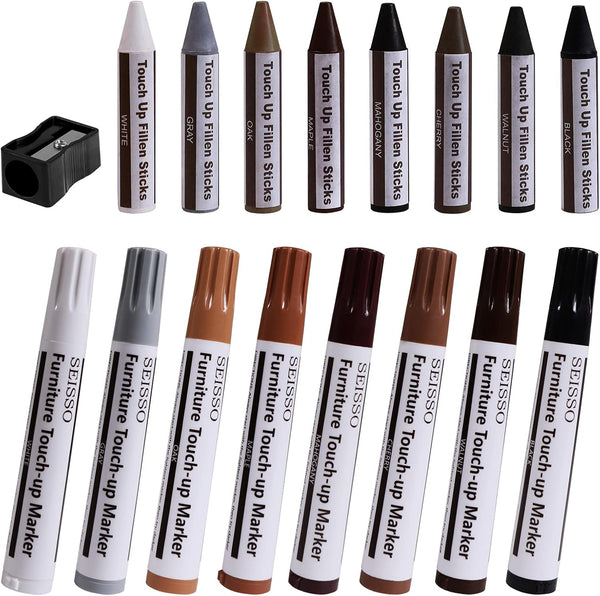 SEISSO Touch Up Furniture Markers - 17 Piece Kit, Scratch Repair Markers, Wax Sticks, Sharpener for Wood