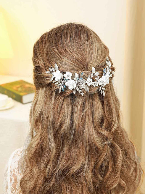 Unicra Flower Silver Bride Wedding Hair Vine - Pearl Bridal Hair Piece with Blue Rhinestone