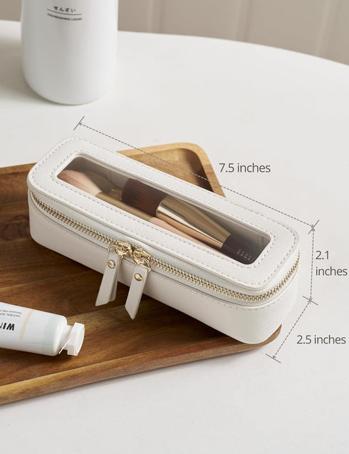 Slim Clear Makeup Brush Bag, Cute White Travel Toiletry Bag for Women, Waterproof Transparent Cosmetic Organizer