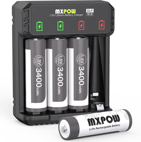 Rechargeable AA Lithium Batteries, 1.5V 3400mWh, 4 Count with Smart Charger, 1500 Cycle