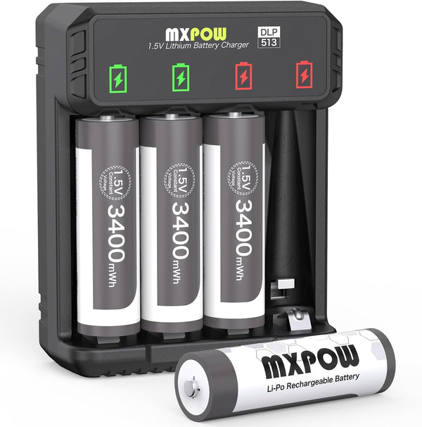 Rechargeable AA Lithium Batteries, 1.5V 3400mWh, 4 Count with Smart Charger, 1500 Cycle
