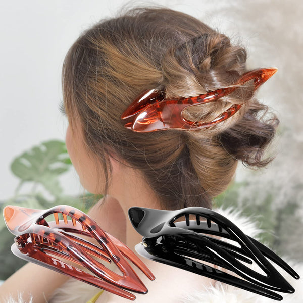 RC ROCHE ORNAMENT 2 Pcs Women's French Concord Curved Hair Clip, No Slip Strong Grip, Medium Black & Brown