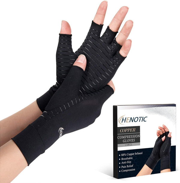 Copper Fingerless Arthritis Gloves for Women Men, Breathable Moisture Wicking Compression for Joint Relief