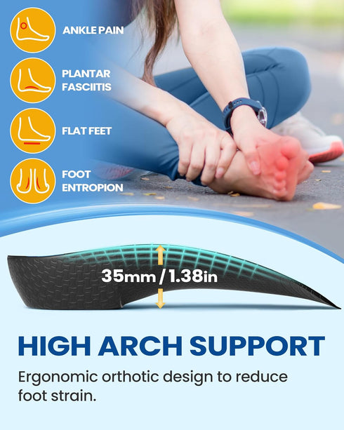 QBK 3/4 Arch Support Insoles for Women/Men, High Arch Supports for Plantar Fasciitis, Flat Feet, Relief Heel Spur Pain,