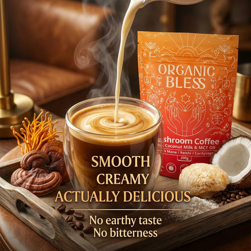 Organic Bless 30 Instant Mushroom Coffee Powder Organic Lions Mane, Reishi & Cordyceps Blend for Energy, Focus