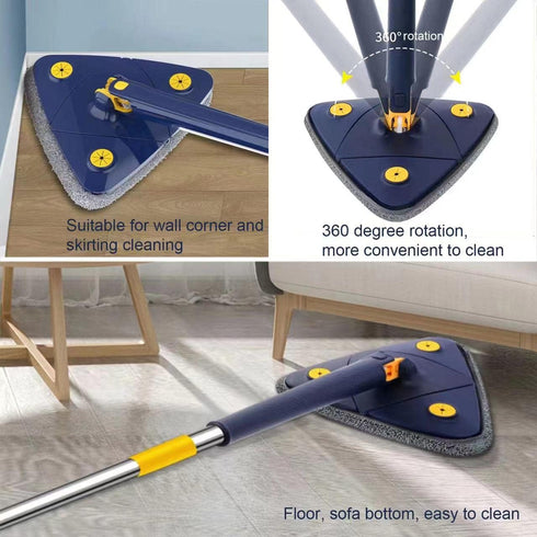 360 Degree Rotatable Adjustable Cleaning Mop, 52.1'' Telescopic Triangular Mop with 4 Replacement Microfiber Pads (Blue)