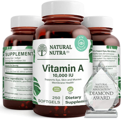 Natural Nutra Vitamin A 10,000 IU Softgels – High Potency Eye & Skin Health Supplement – 250 Softgels (2 Pack)