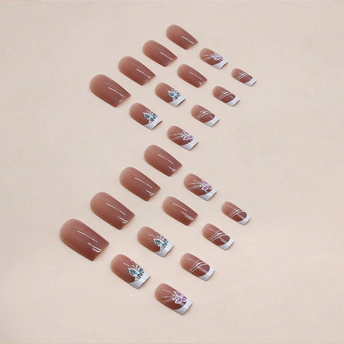 White French Tip Press on Nails, Medium Square Fake Nails with Butterfly Lines Design, 24Pcs Full Cover
