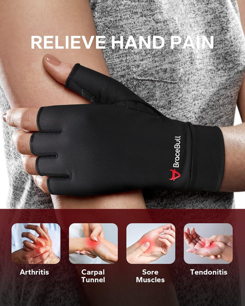 BraceBull Arthritis Gloves (1 Pair), Copper Infused Compression Gloves for Relieve Muscle Pain, Carpal Tunnel, RSI, Rheumatoid, Tendonitis, Fingerless Gloves for Hands Pain for Women & Men (S, Black)
