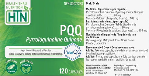 Health Thru Nutrition PQQ 20mg, 120 Servings, Certified Vegan, Non-GMO Gluten Soy Free Capsules