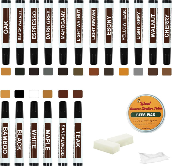 Furniture Markers Touch Up Kit - 18 Colors Wood Scratch Repair Kit with Beeswax Furniture Polish, Wood Markers for
