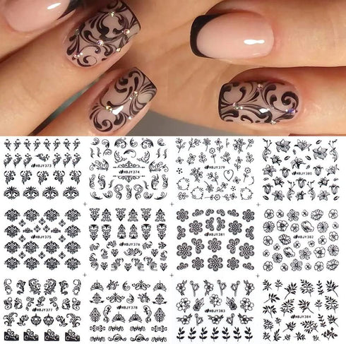 Flower Nail Stickers for Nail Art, 3D Self Adhesive Black Flower Leaf Nail Designs, 48 Styles for Women