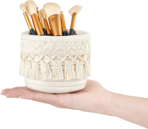 Mkono Macrame Makeup Brush Holder Organizer, Set of 2 Boho Decor Baskets for Pen Pencil Box Container, Ivory