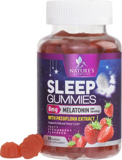 Melatonin Gummies 8mg - Extra Strength Sleep Support with 20mg Passiflora, Vegan, Berry Flavor - 60 Gummies