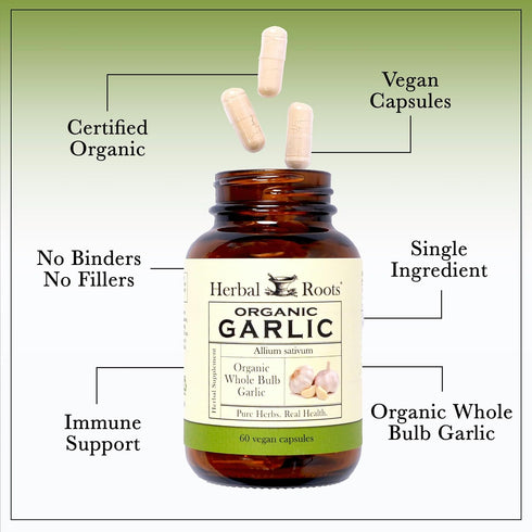 Herbal Roots Organic Whole Bulb Garlic Pills, Extra Strength 600 mg, 60 Vegan Capsules
