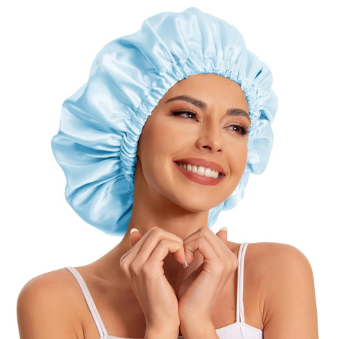 Satin Bonnet Silk Hair Bonnet for Sleeping, Slouchy Beanie Hat for Women's Natural & Curly Hair (Blue)