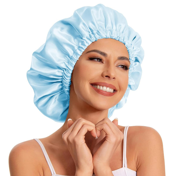 Satin Bonnet Silk Hair Bonnet for Sleeping, Slouchy Beanie Hat for Women's Natural & Curly Hair (Blue)