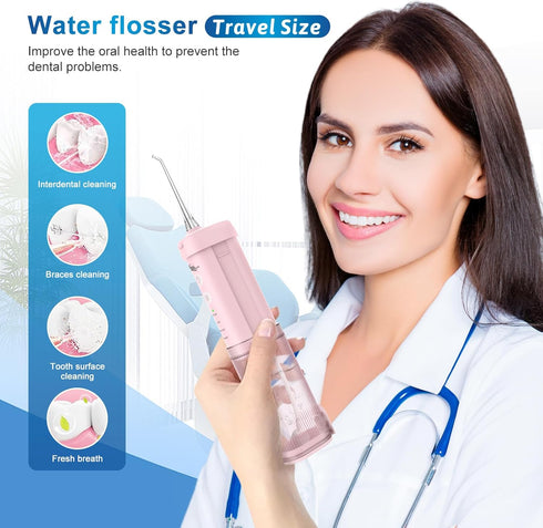 Mini Portable Water Flosser, Telescopic Tank, 4 Modes, IPX7 Waterproof, Teeth Cleaner for Home & Travel (Pink)