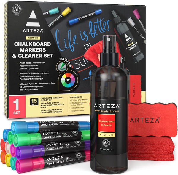 Arteza Chalkboard Cleaner Set with 12 Assorted Color Chalk Markers, Magnetic Eraser, 10-Ounce Cleaner & Microfiber