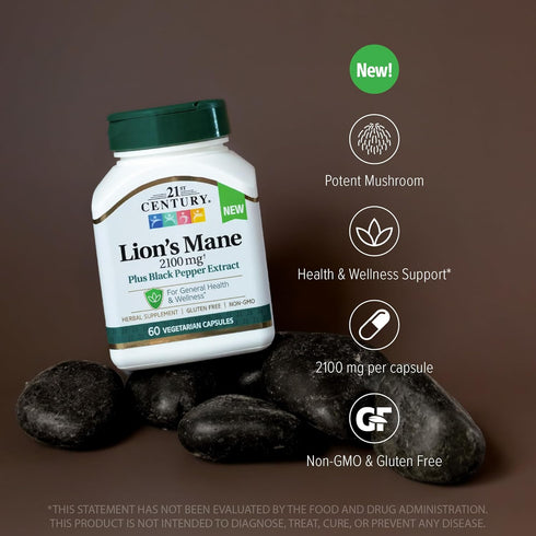 21st Century Lion's Mane 2,100 mg Vegetarian Capsules, Plus Black Pepper Extract, 60 Count