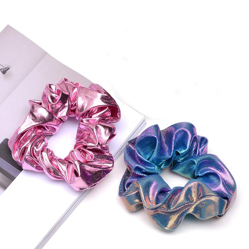 Shiny Scrunchies Metallic Hair Bands Elastic Hair Ties Set, Glitter Ponytail Holder for Women (Set of 2)